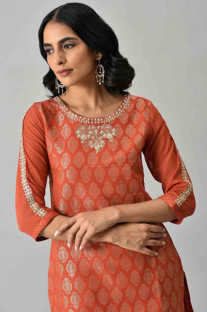 W for Woman Red Jacquard kurta With Embroidery