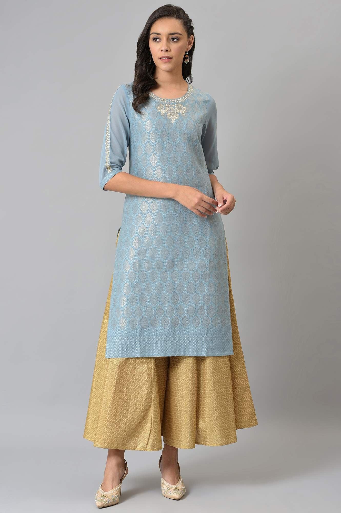 W for Woman Sky Blue Jacquard kurta With Embroidery