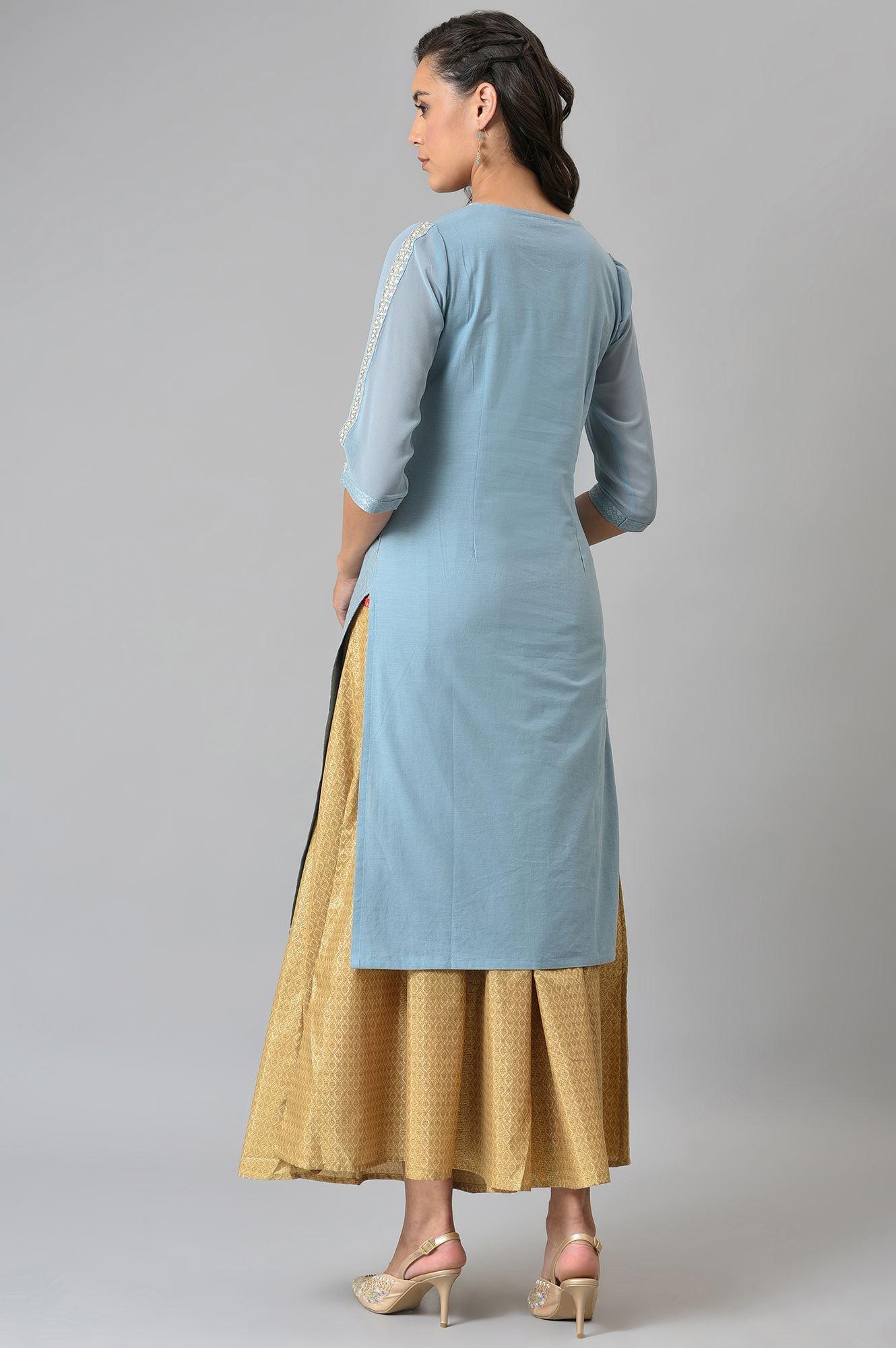 W for Woman Sky Blue Jacquard kurta With Embroidery