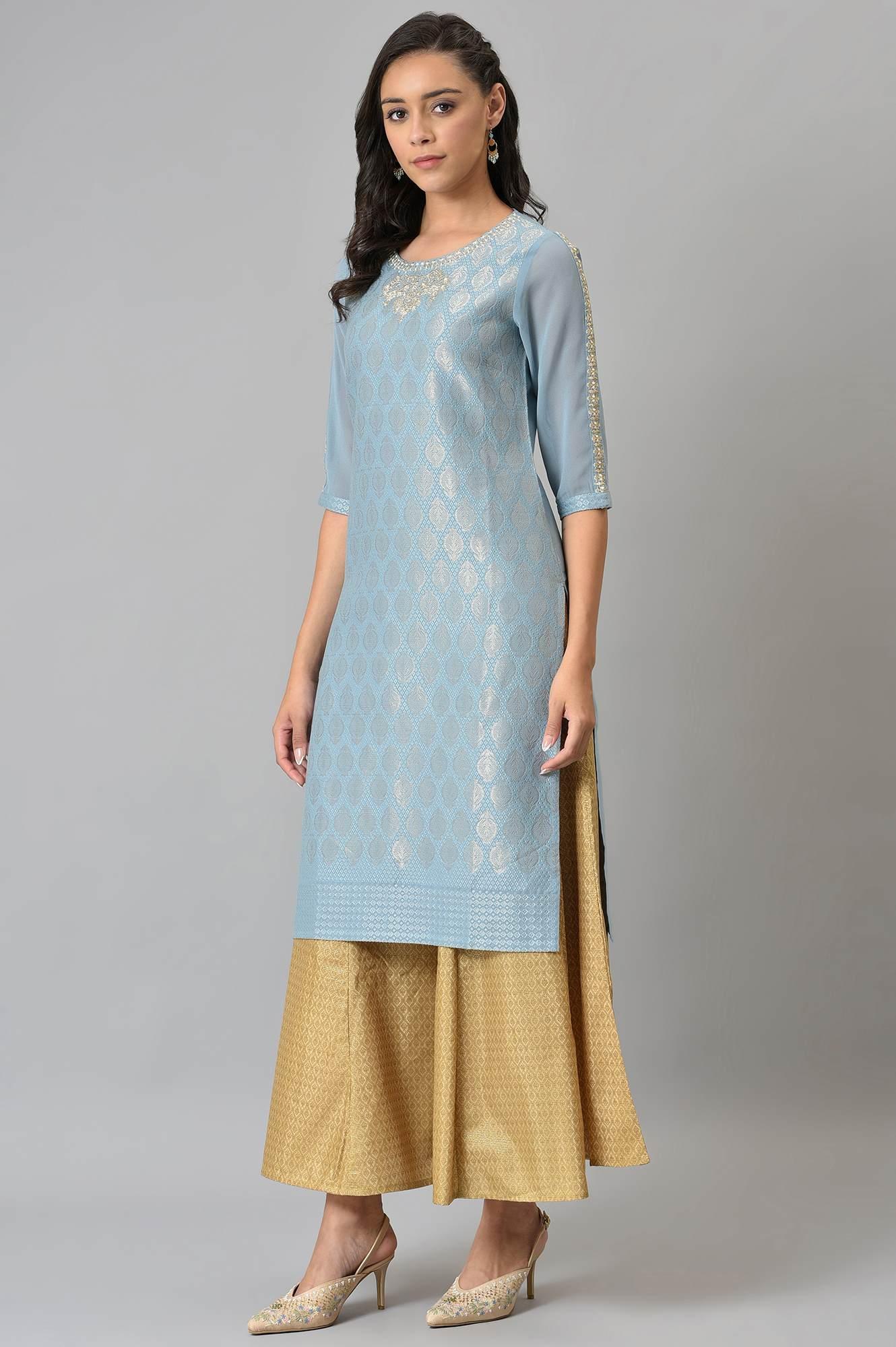 W for Woman Sky Blue Jacquard kurta With Embroidery