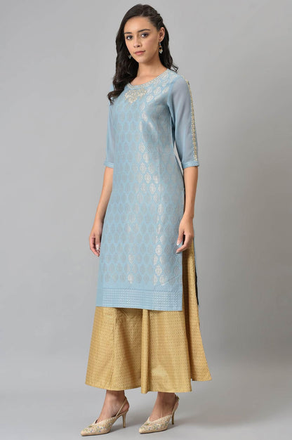 W for Woman Sky Blue Jacquard kurta With Embroidery