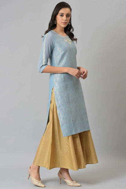 W for Woman Sky Blue Jacquard kurta With Embroidery