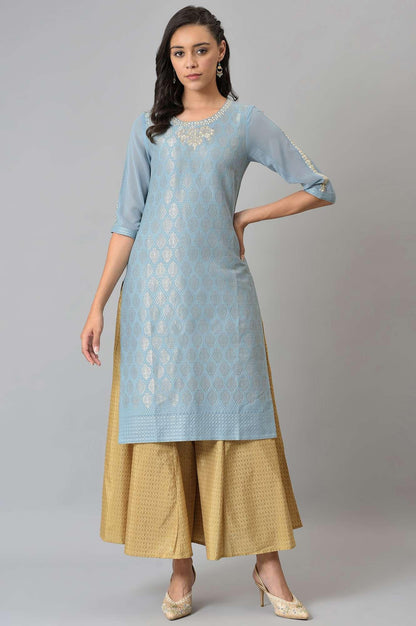 W for Woman Sky Blue Jacquard kurta With Embroidery