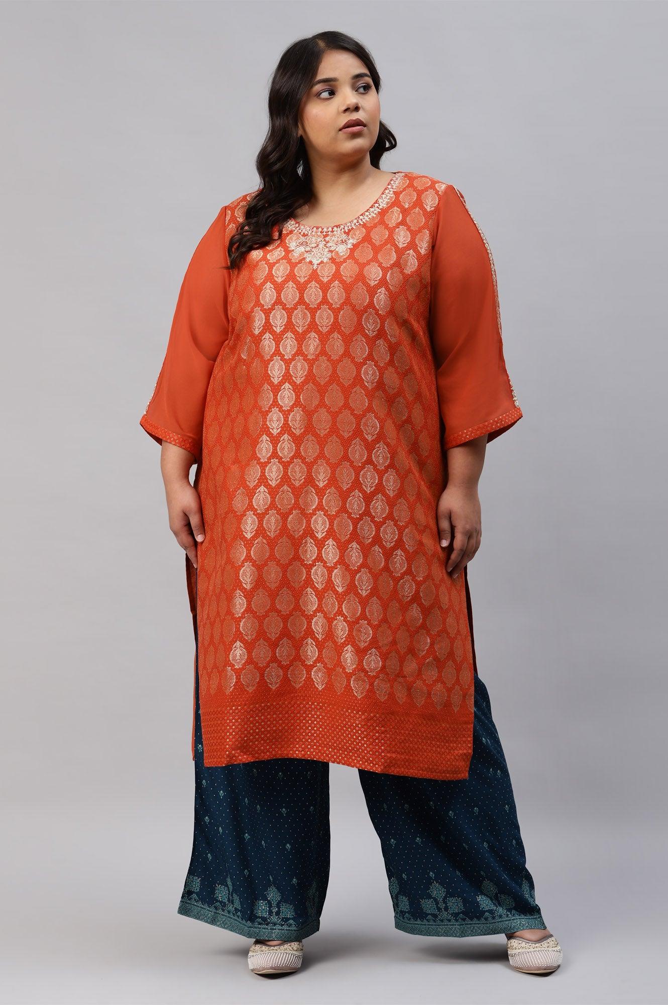 W for Woman Red Jacquard Plus Size kurta With Embroidery