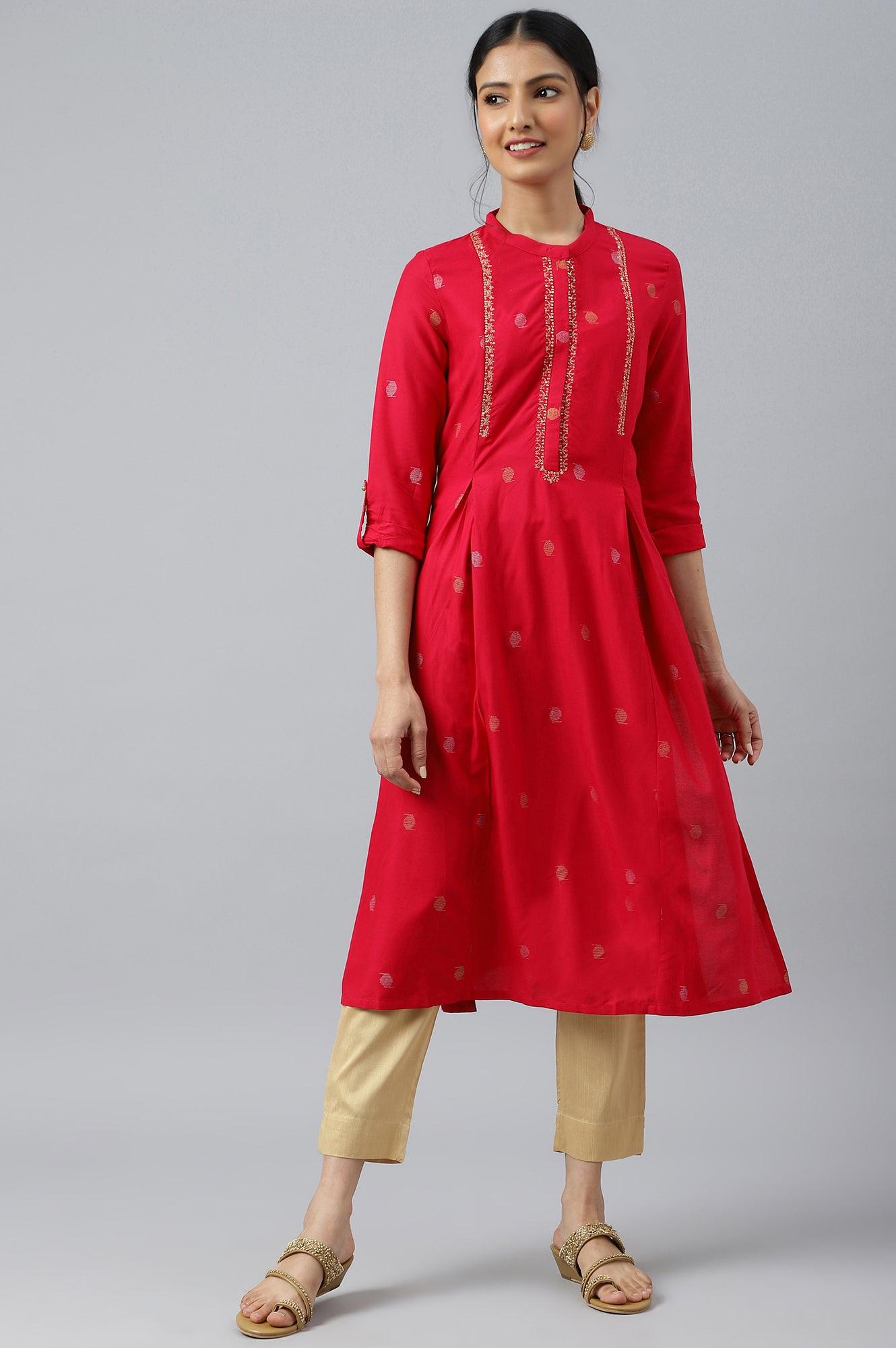 W for Woman Red Mettalic Embroidered kurta With Pleats