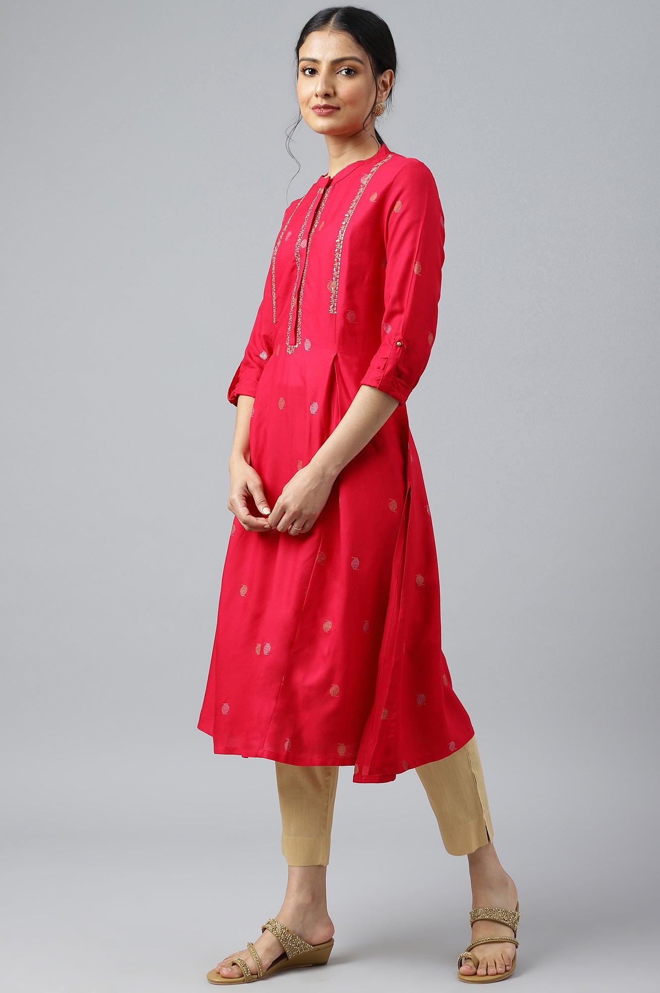 W for Woman Red Mettalic Embroidered kurta With Pleats