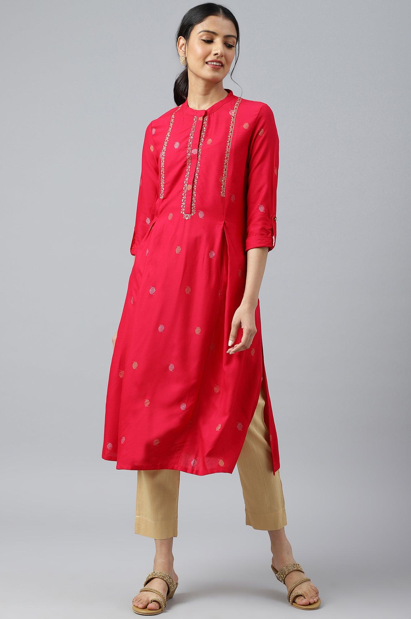 W for Woman Red Mettalic Embroidered kurta With Pleats