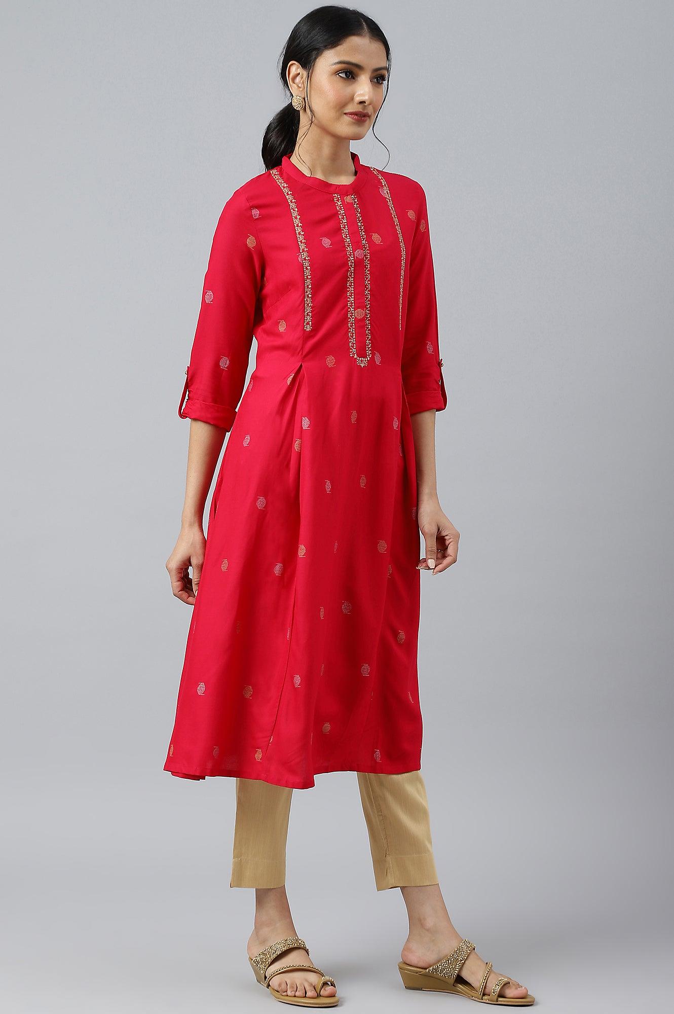 W for Woman Red Mettalic Embroidered kurta With Pleats