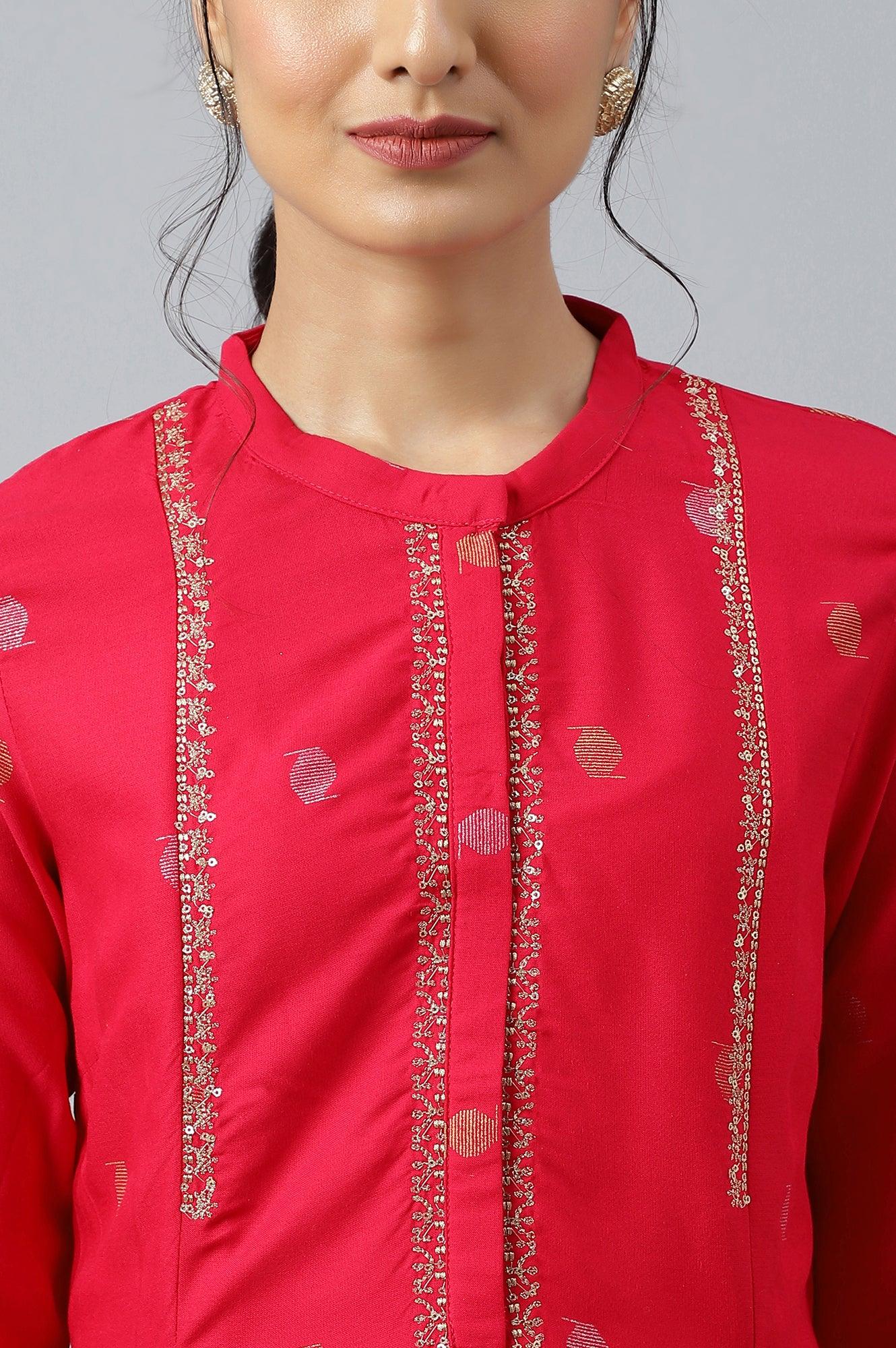W for Woman Red Mettalic Embroidered kurta With Pleats