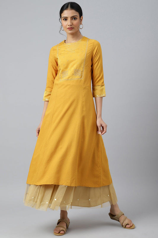 W for Woman Dark Yellow A-Line Embroidered kurta With Sequins