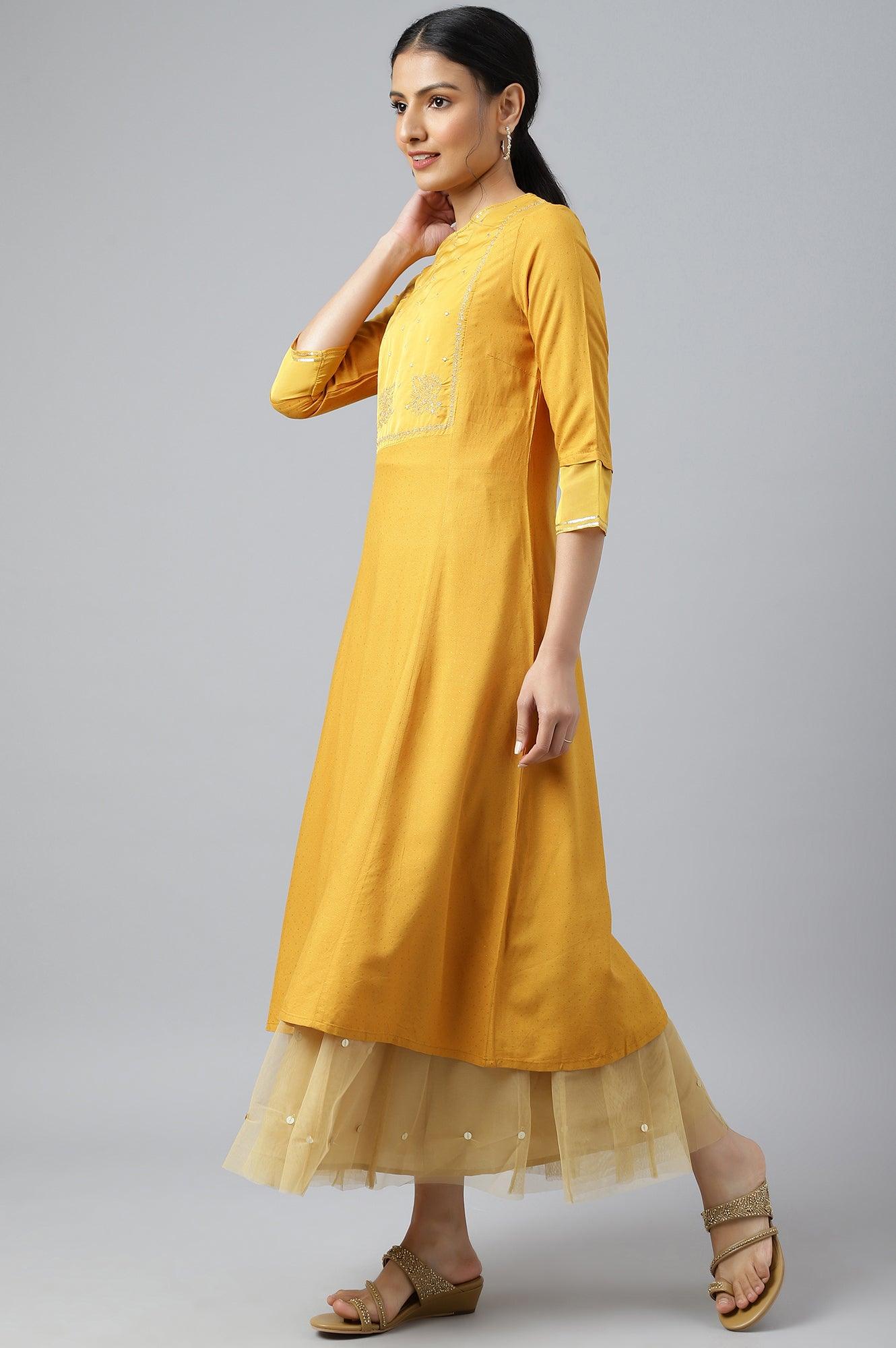 W for Woman Dark Yellow A-Line Embroidered kurta With Sequins