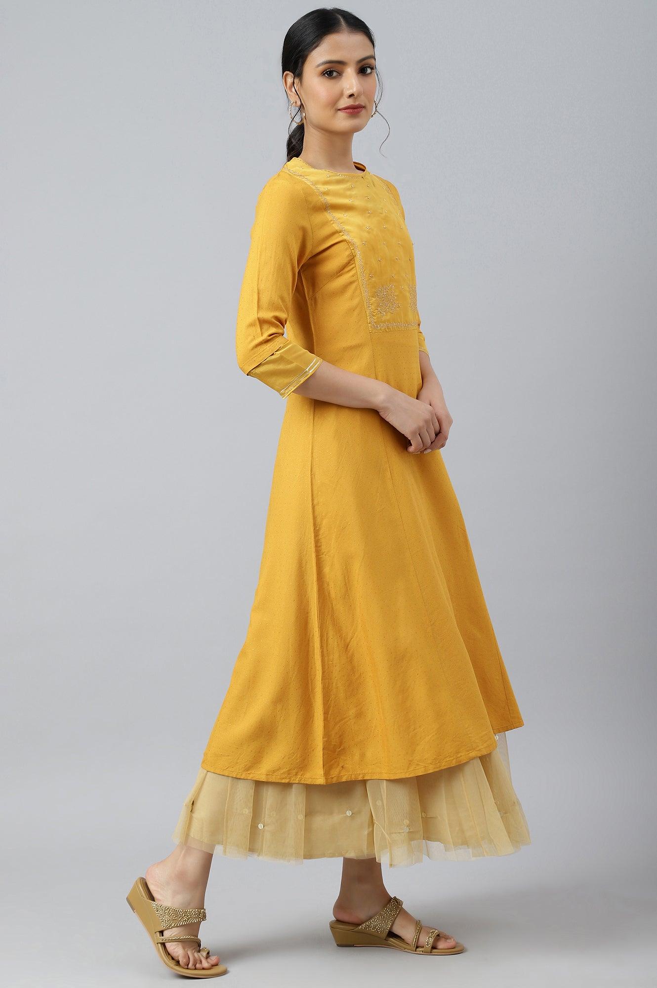 W for Woman Dark Yellow A-Line Embroidered kurta With Sequins