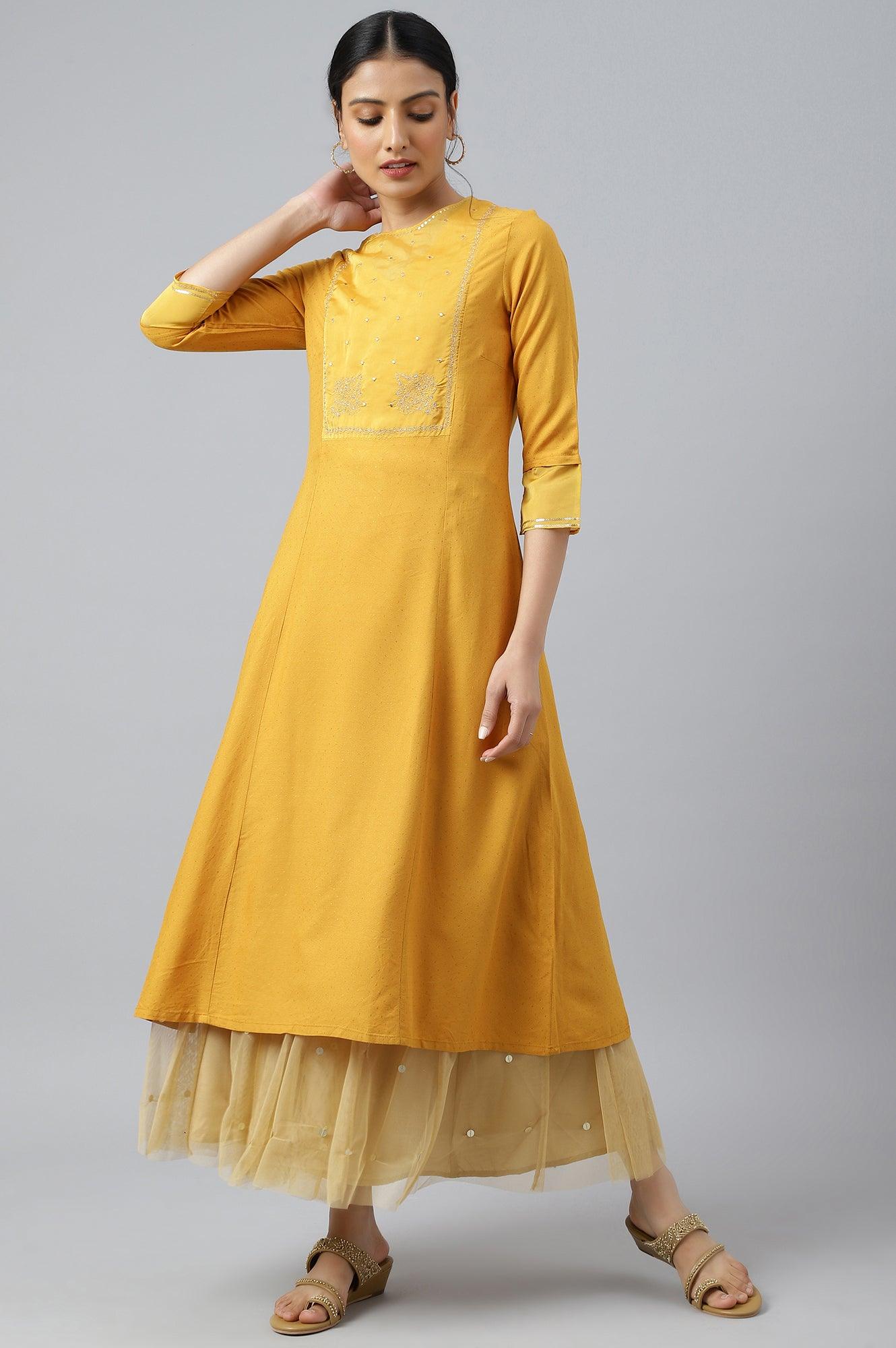W for Woman Dark Yellow A-Line Embroidered kurta With Sequins