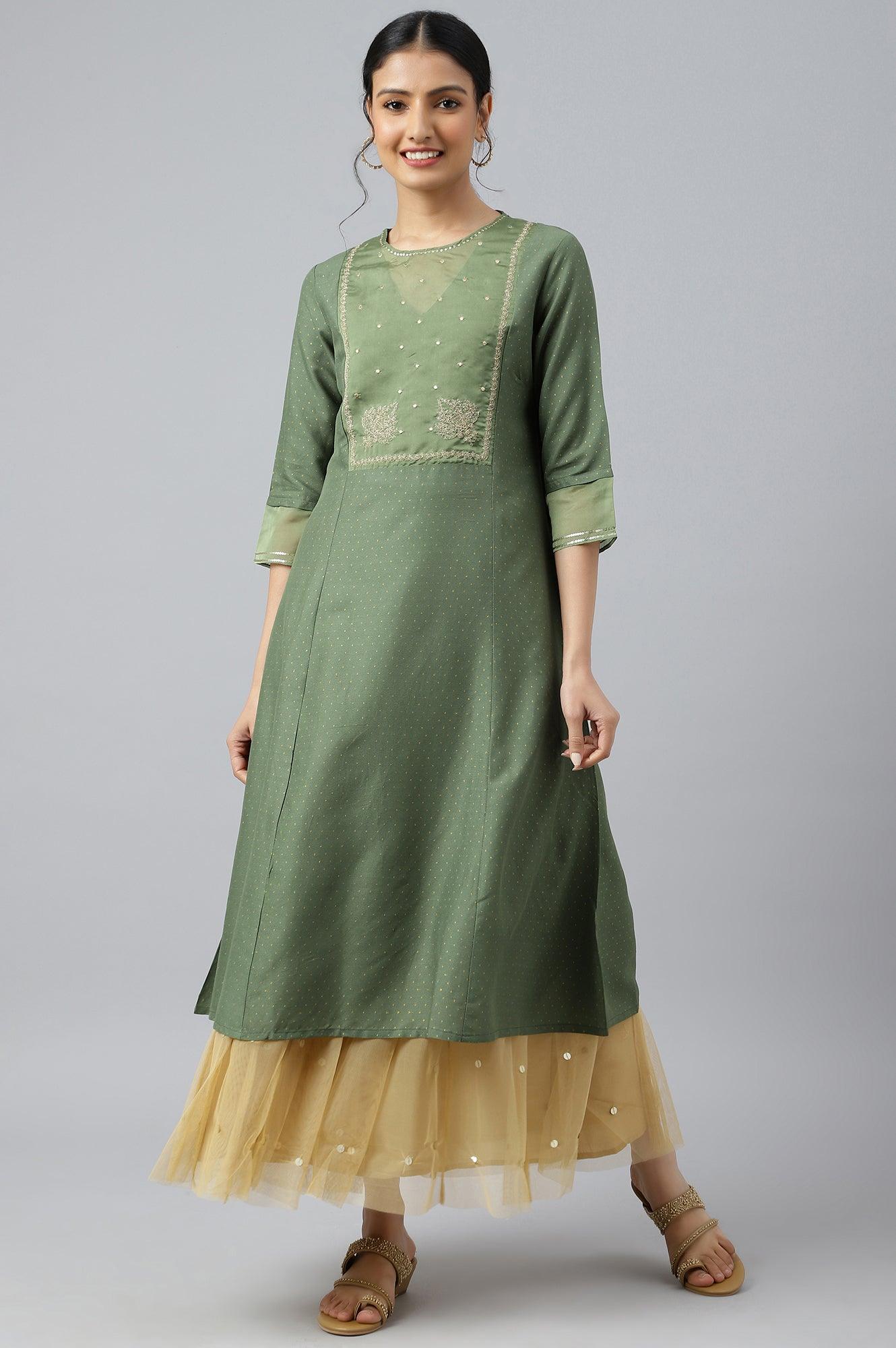 W for Woman Olive Green A-Line Embroidered kurta With Sequins