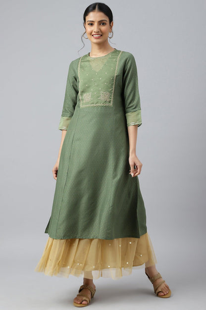 W for Woman Olive Green A-Line Embroidered kurta With Sequins