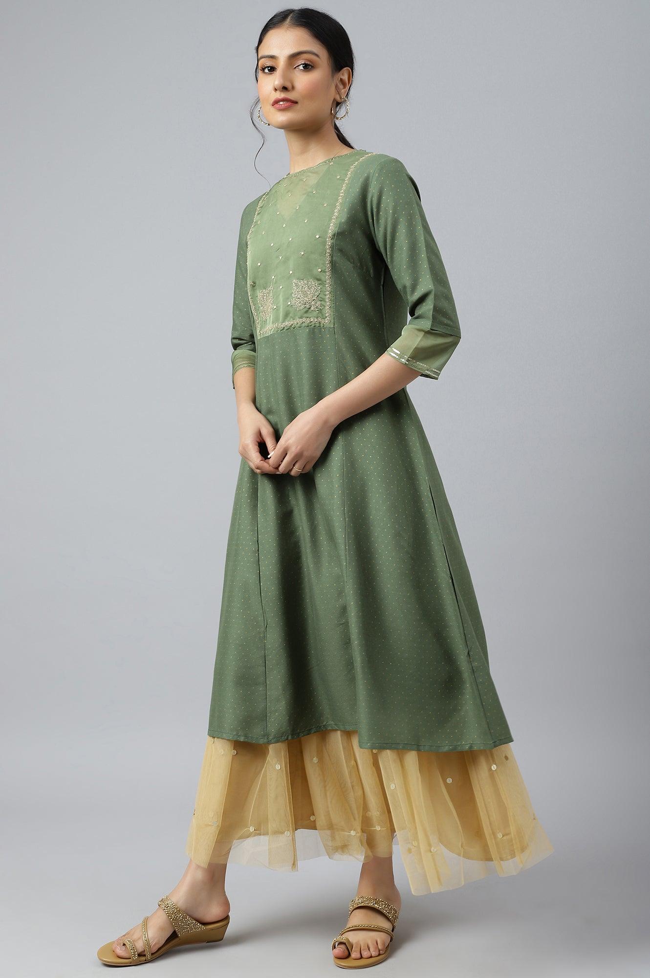 W for Woman Olive Green A-Line Embroidered kurta With Sequins