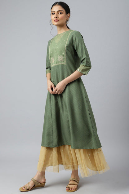 W for Woman Olive Green A-Line Embroidered kurta With Sequins