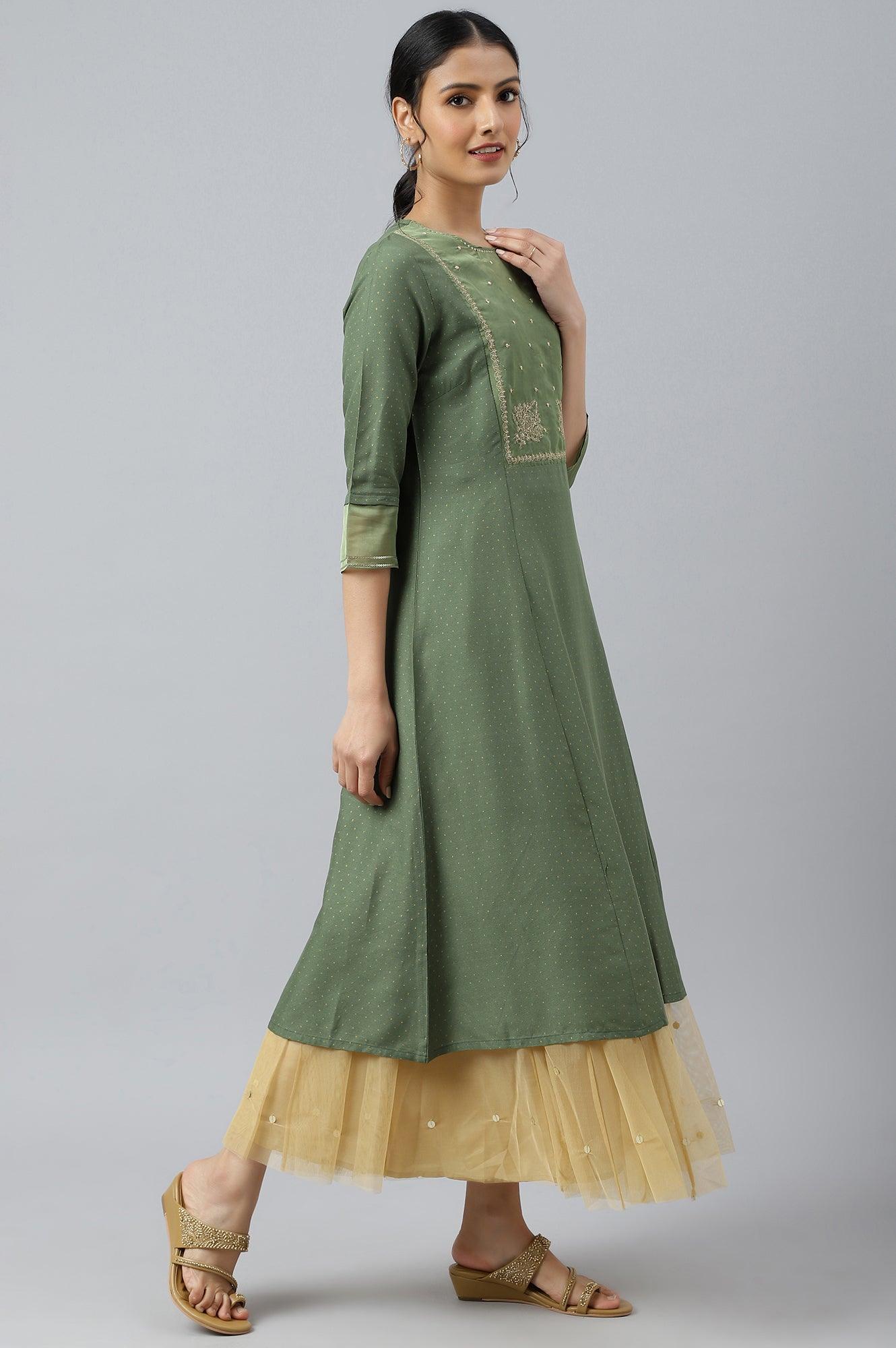 W for Woman Olive Green A-Line Embroidered kurta With Sequins