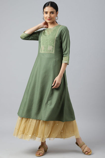 W for Woman Olive Green A-Line Embroidered kurta With Sequins