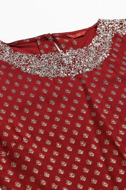 W for Woman Red Printed kurta With Metallic Embroidery