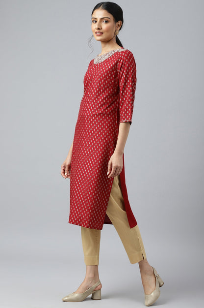 W for Woman Red Printed kurta With Metallic Embroidery