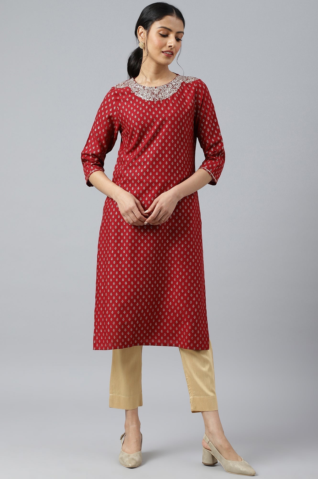W for Woman Red Printed kurta With Metallic Embroidery