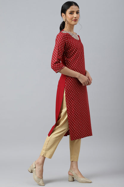 W for Woman Red Printed kurta With Metallic Embroidery