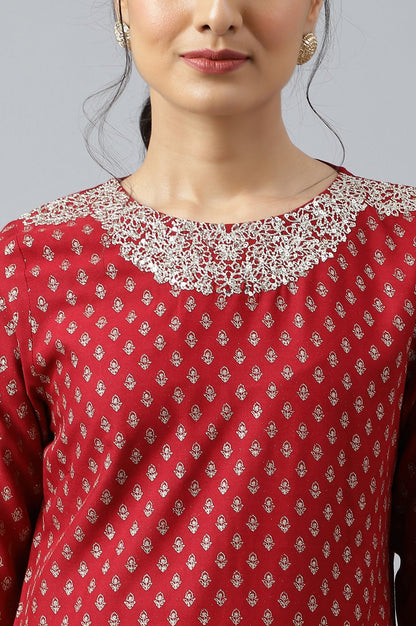W for Woman Red Printed kurta With Metallic Embroidery