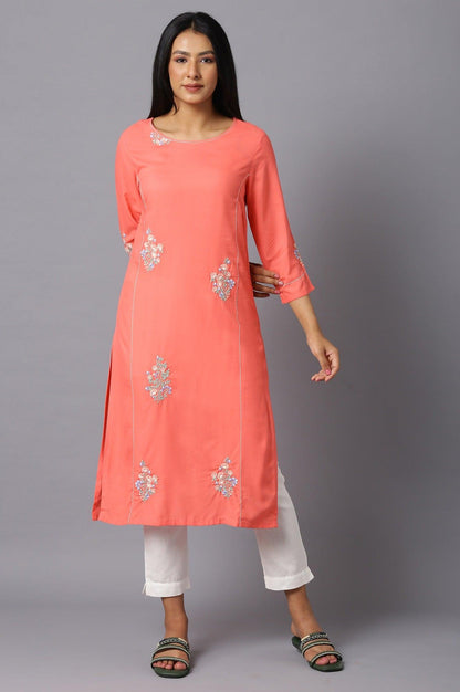 W for Woman Orange Embroidered kurta In Round Neck