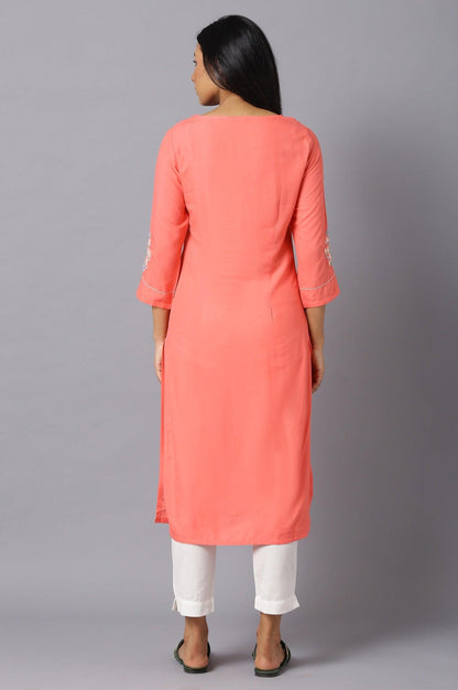 W for Woman Orange Embroidered kurta In Round Neck