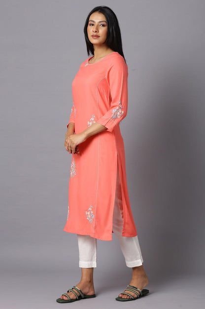 W for Woman Orange Embroidered kurta In Round Neck