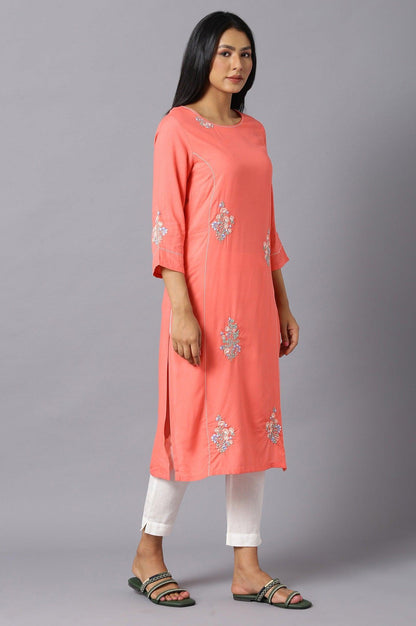 W for Woman Orange Embroidered kurta In Round Neck