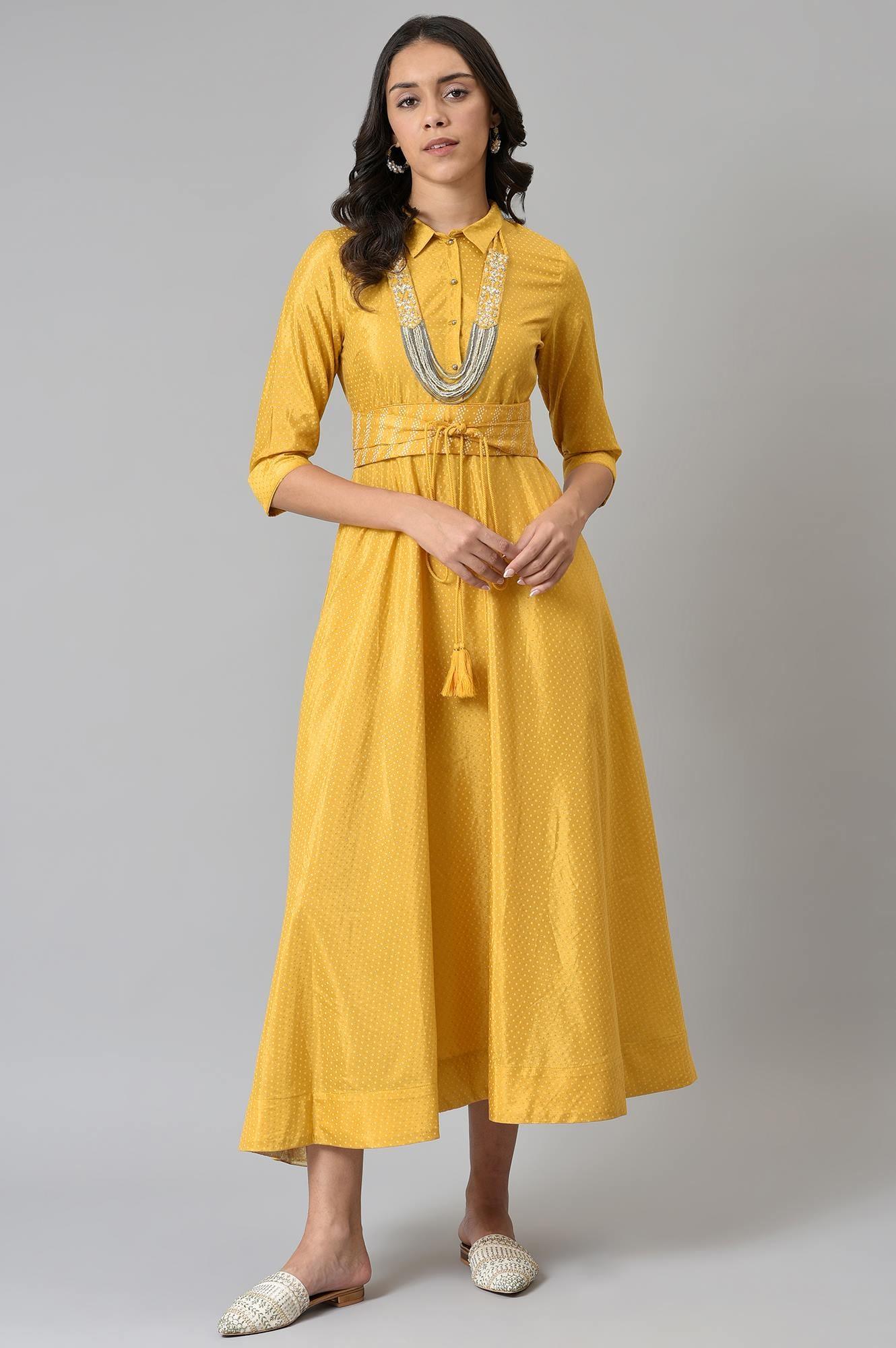 W for Woman Yellow Glitter Printed Shirt Dress With Embroidered Neckpiece
