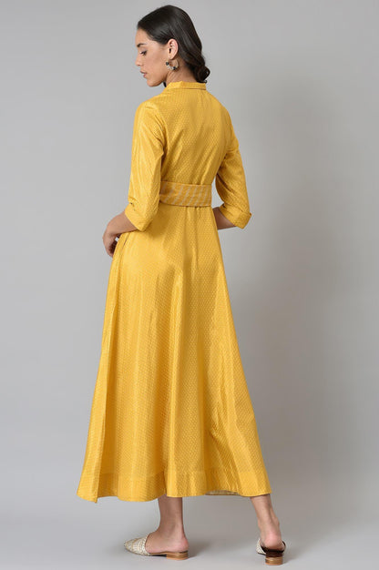 W for Woman Yellow Glitter Printed Shirt Dress With Embroidered Neckpiece