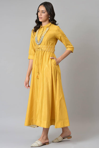 W for Woman Yellow Glitter Printed Shirt Dress With Embroidered Neckpiece