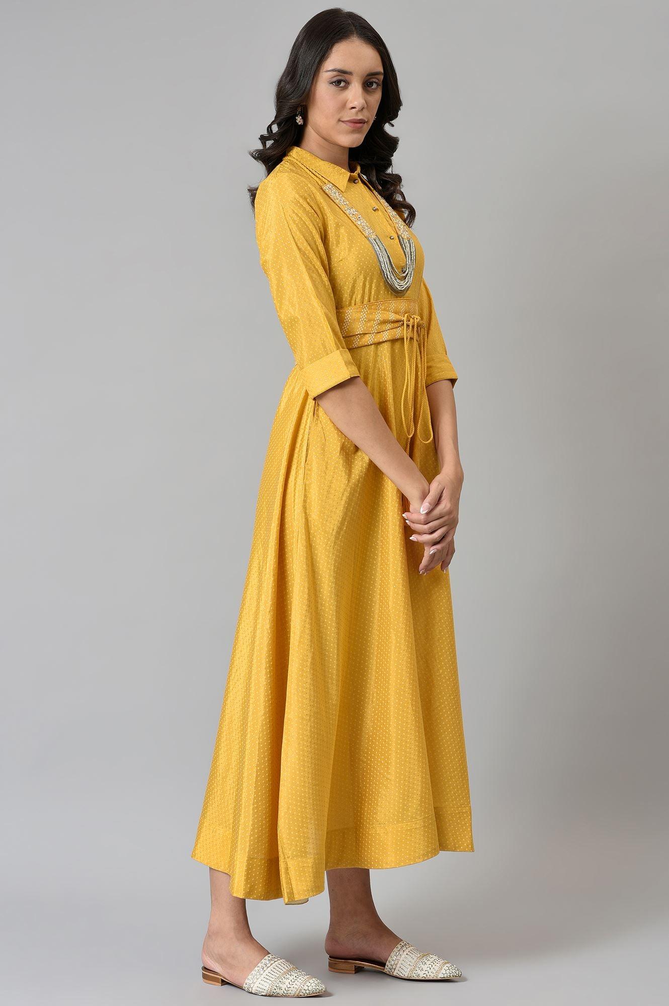 W for Woman Yellow Glitter Printed Shirt Dress With Embroidered Neckpiece