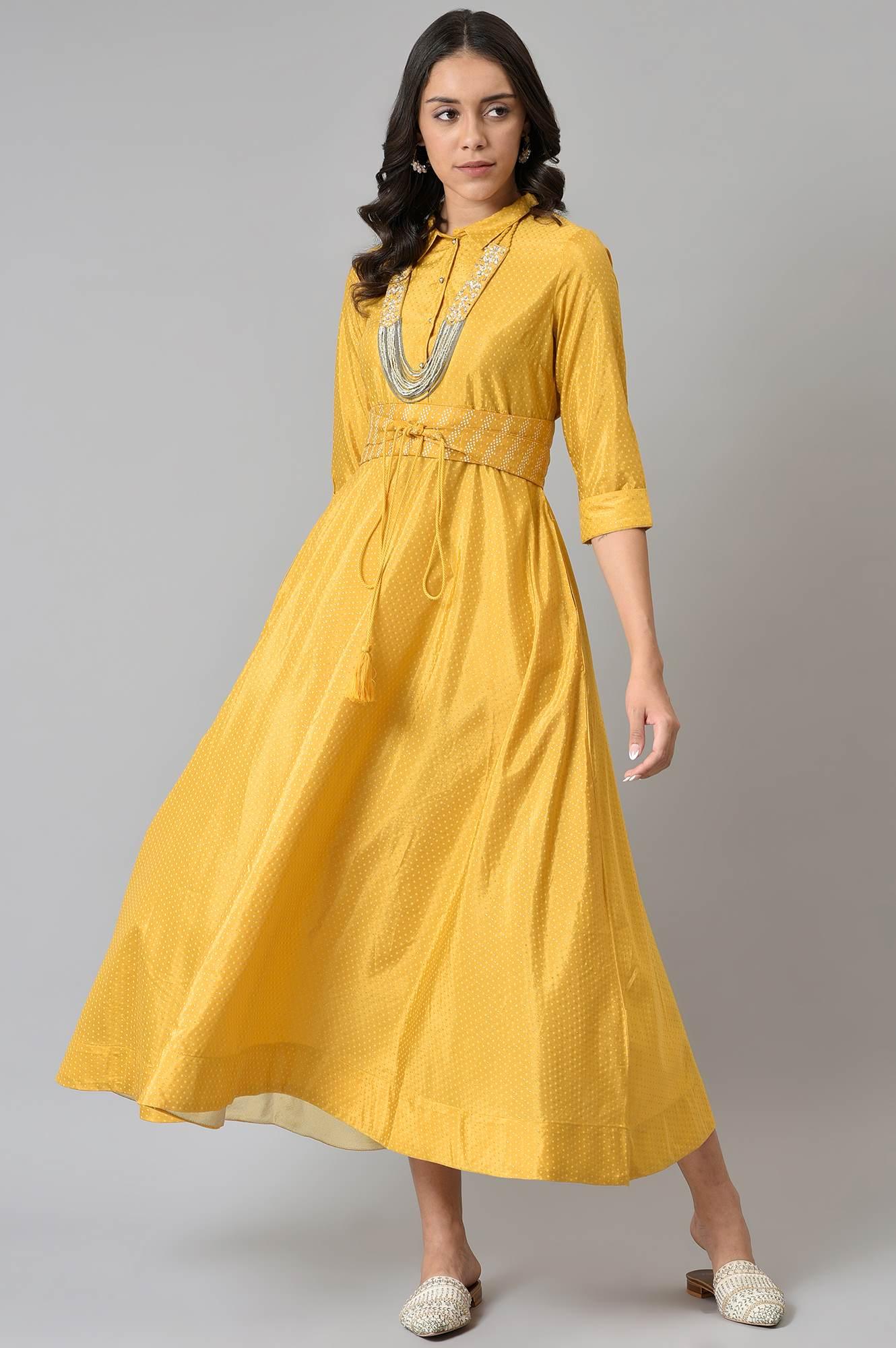 W for Woman Yellow Glitter Printed Shirt Dress With Embroidered Neckpiece