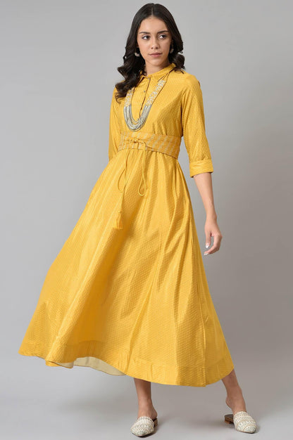 W for Woman Yellow Glitter Printed Shirt Dress With Embroidered Neckpiece