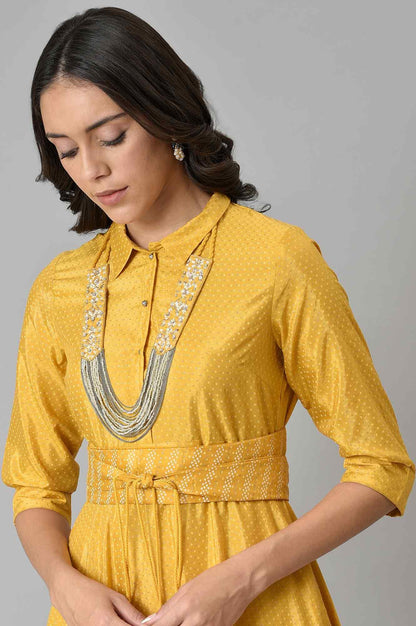 W for Woman Yellow Glitter Printed Shirt Dress With Embroidered Neckpiece