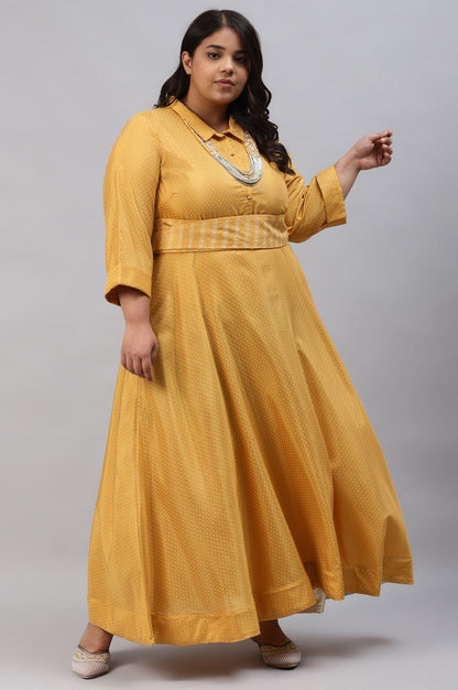 W for Woman Yellow Glitter Printed Plus Size Shirt Dress With Embroidered Neckpiece