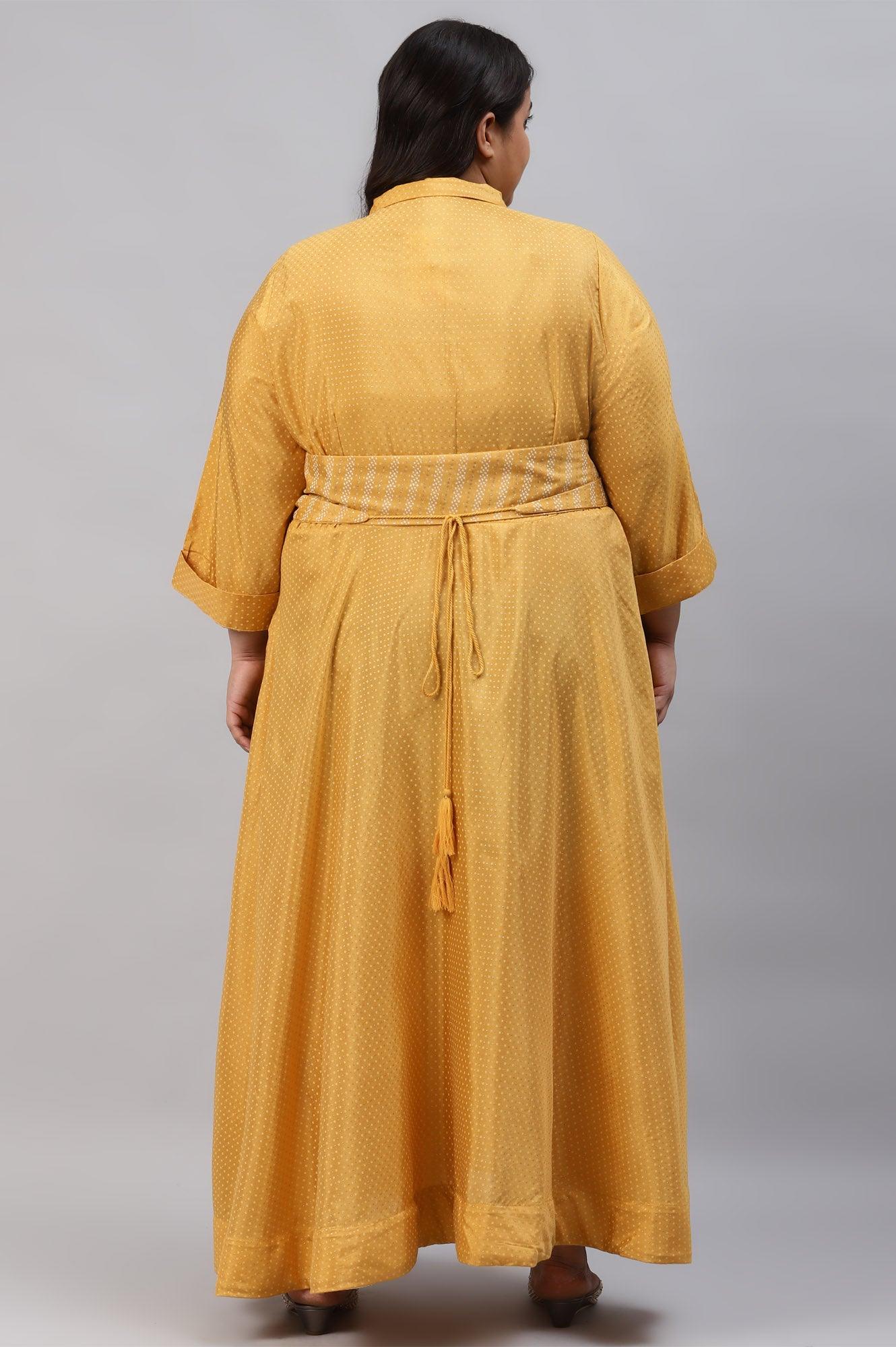 W for Woman Yellow Glitter Printed Plus Size Shirt Dress With Embroidered Neckpiece