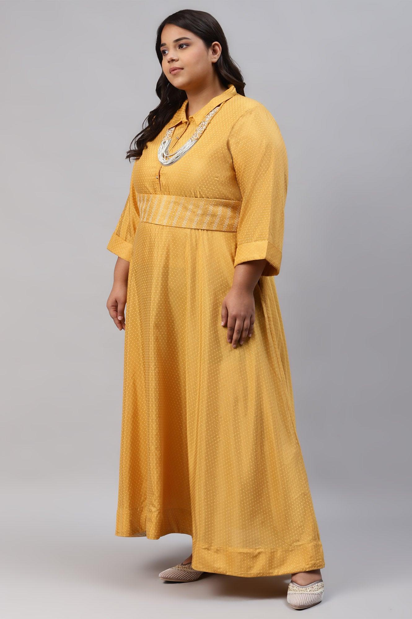 W for Woman Yellow Glitter Printed Plus Size Shirt Dress With Embroidered Neckpiece