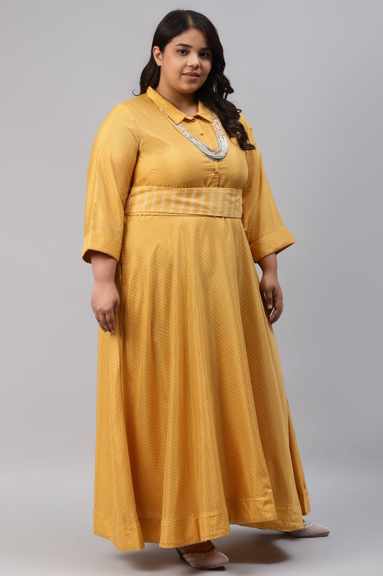 W for Woman Yellow Glitter Printed Plus Size Shirt Dress With Embroidered Neckpiece