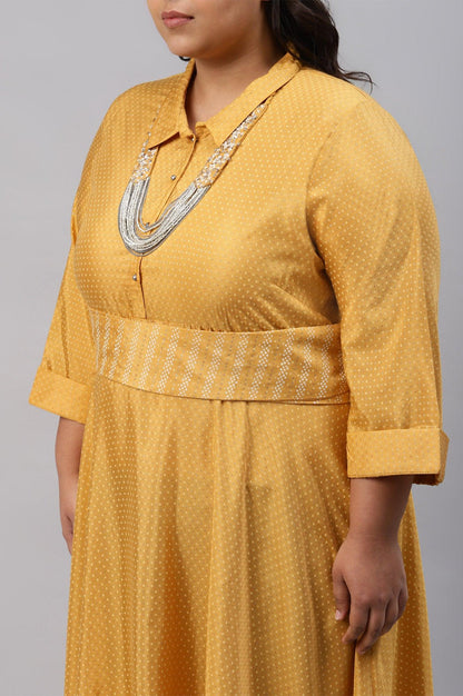 W for Woman Yellow Glitter Printed Plus Size Shirt Dress With Embroidered Neckpiece