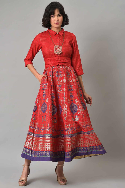 W for Woman Red Glitter Printed Festive Shirt Dress With Placket