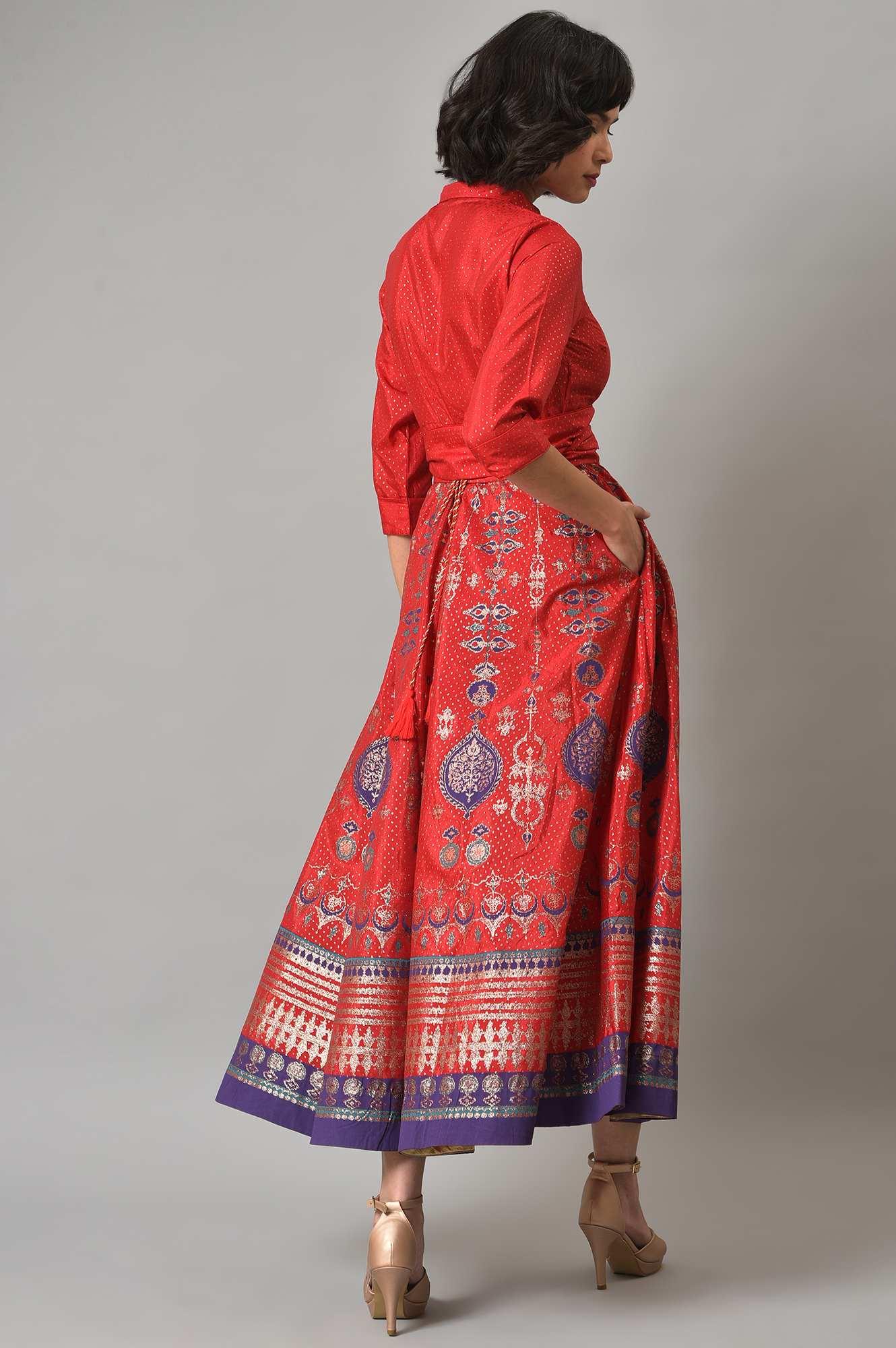 W for Woman Red Glitter Printed Festive Shirt Dress With Placket