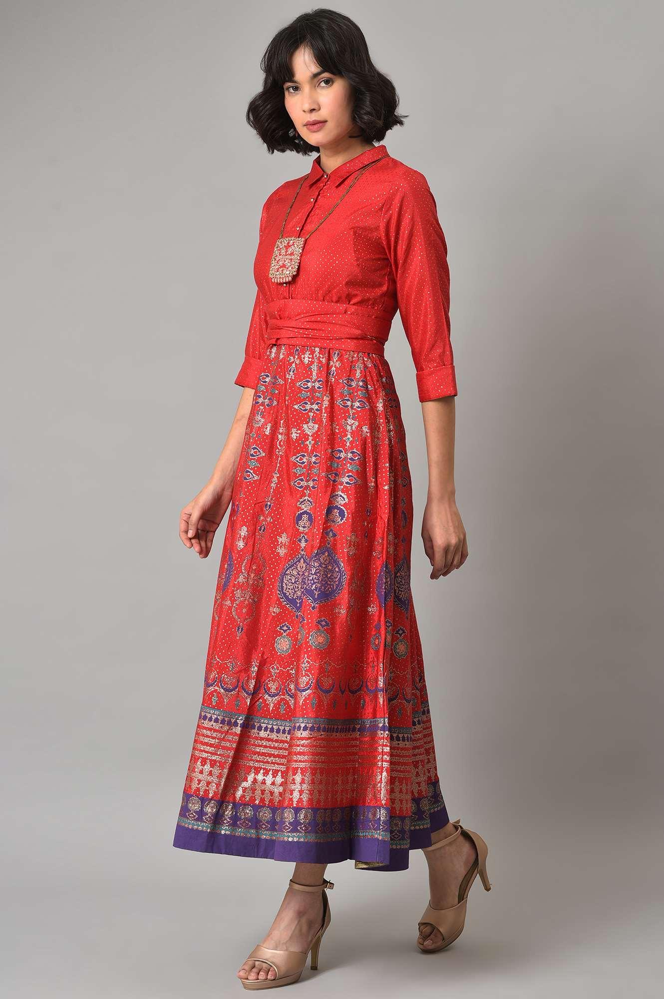 W for Woman Red Glitter Printed Festive Shirt Dress With Placket