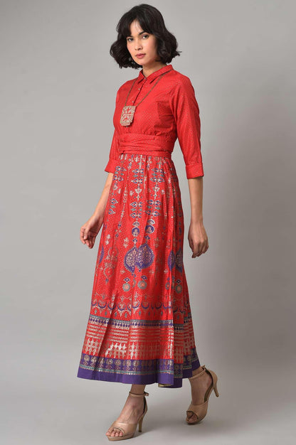W for Woman Red Glitter Printed Festive Shirt Dress With Placket