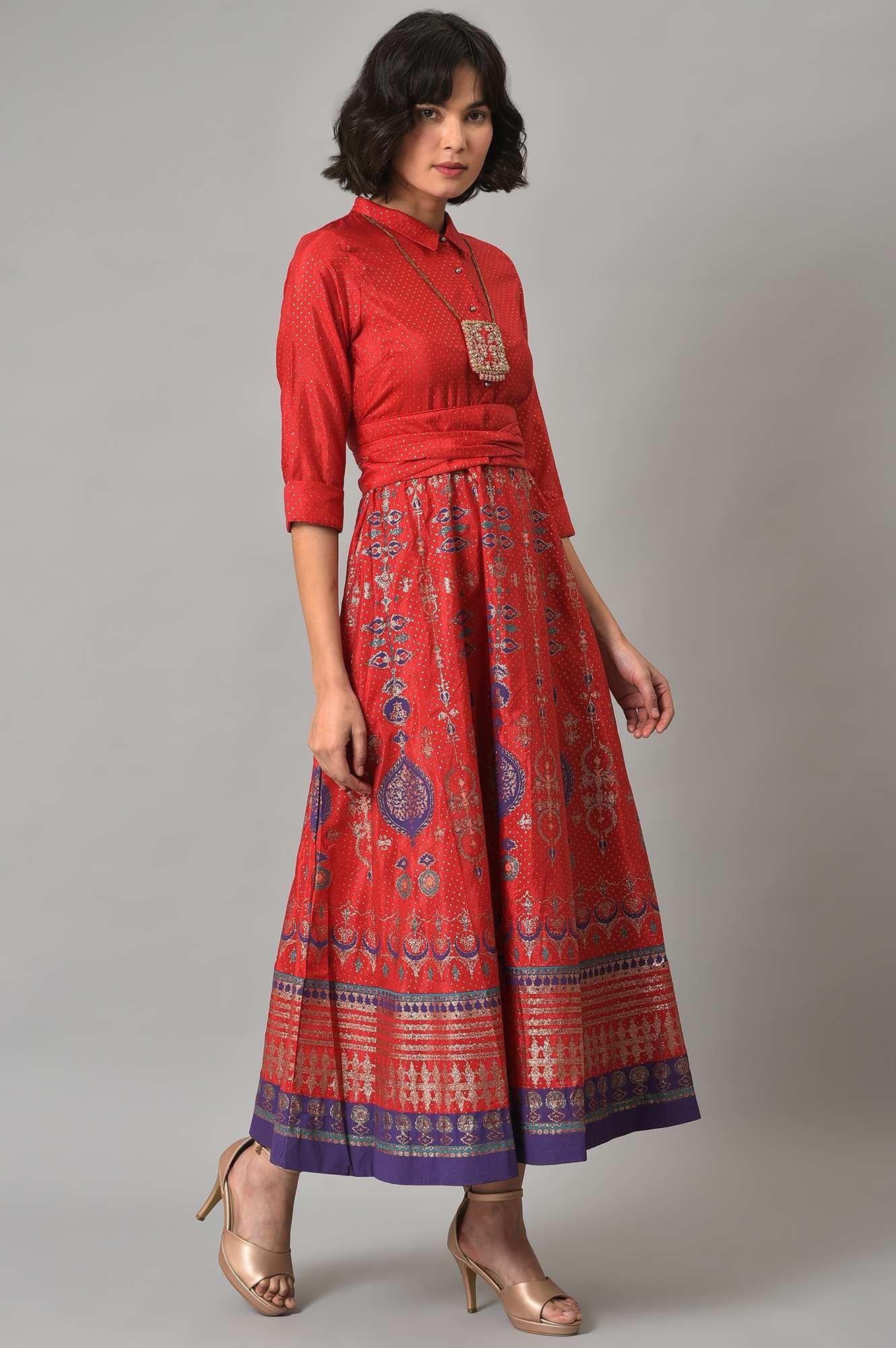 W for Woman Red Glitter Printed Festive Shirt Dress With Placket
