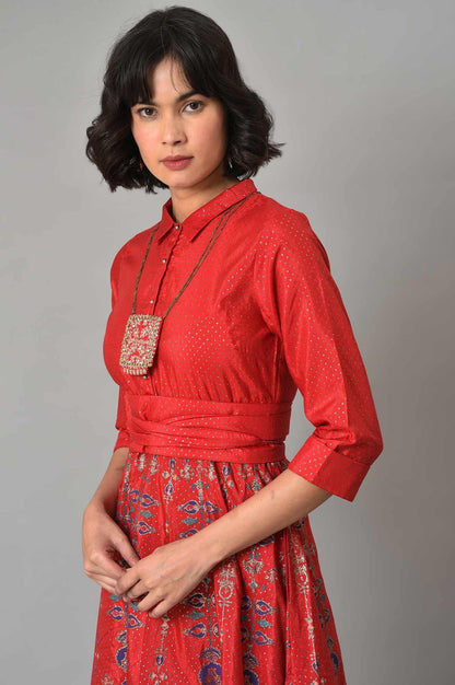 W for Woman Red Glitter Printed Festive Shirt Dress With Placket